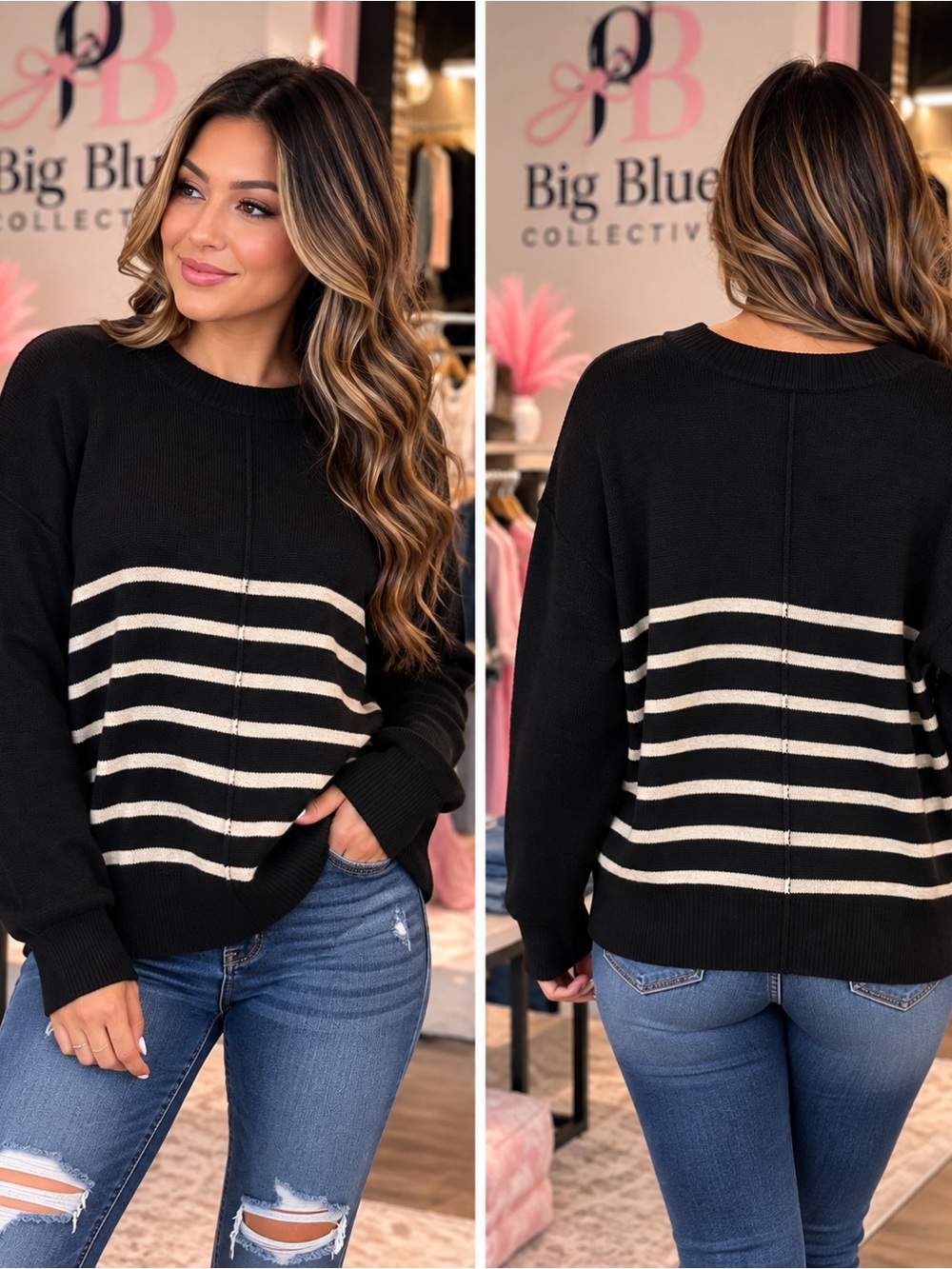 Zenana Outfitters Black & Cream Striped Crewneck Sweater